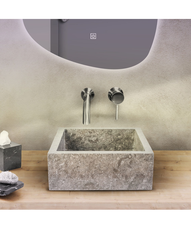 Vierkante Opbouw Waskom – Volledig Gepolijst – 40x40x15 cm – Grijs – Natuursteen