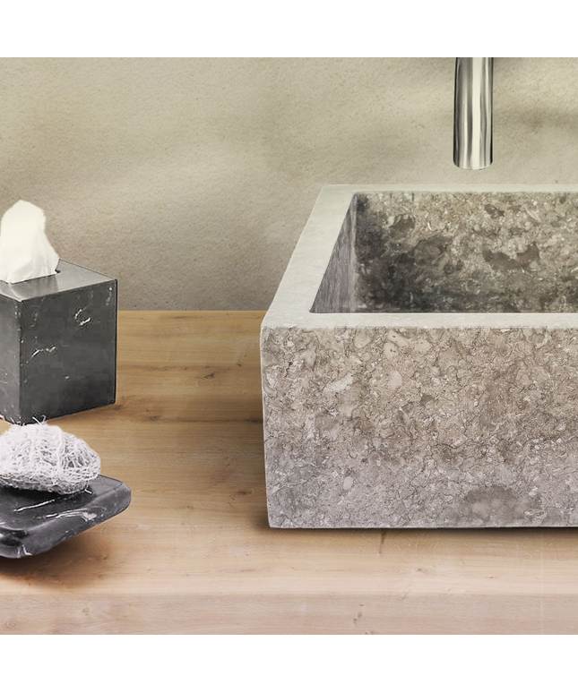 Vierkante Opbouw Waskom – Volledig Gepolijst – 40x40x15 cm – Grijs – Natuursteen