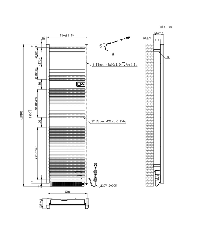 BELRAD Badkamer radiator elektrisch 1840x540x133 mm - Glanzend wit - Programmeerbare thermostaat + Blower - 2000W
