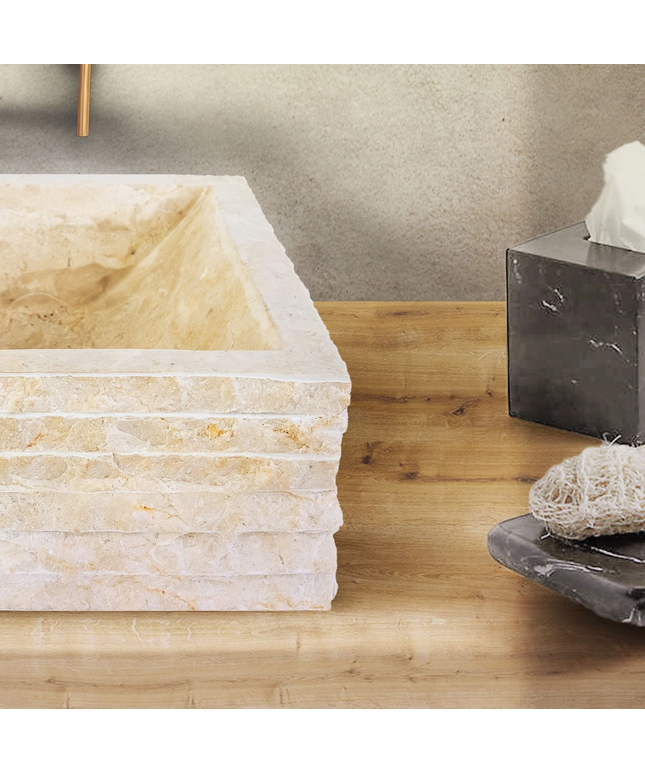 Vierkante Waskom Alur Kuipvormig – 40x40x15 cm – Crème – Natuursteen