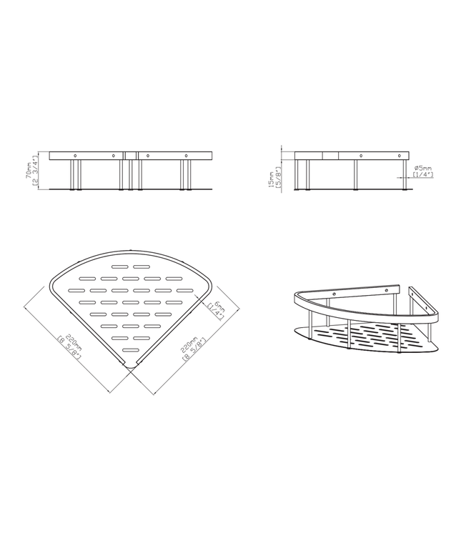Aloni Uniforma doucherek – hoekmodel – 22x7x22 cm – mat zwart (PVD) – roestvrij staal