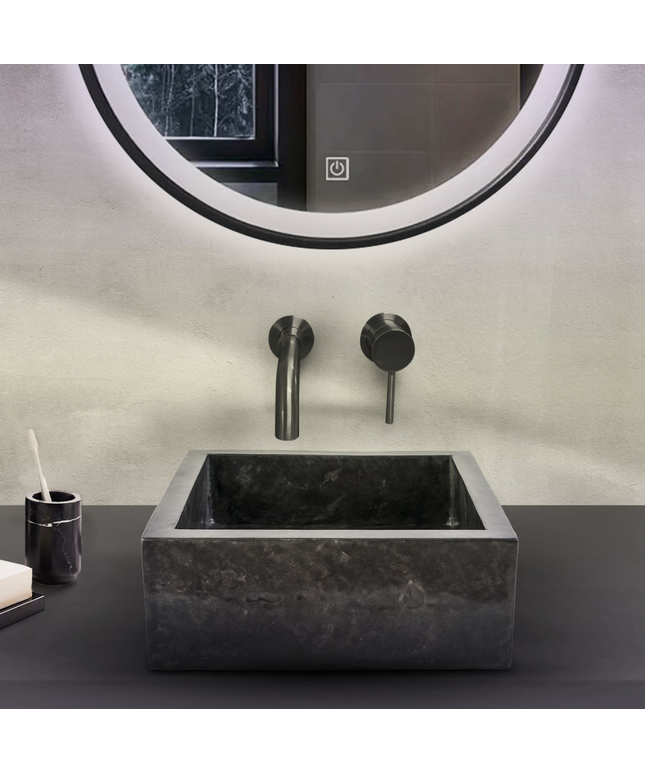 Vierkante Opbouw Waskom – Volledig Gepolijst – 40x40x15 cm – Zwart – Natuursteen