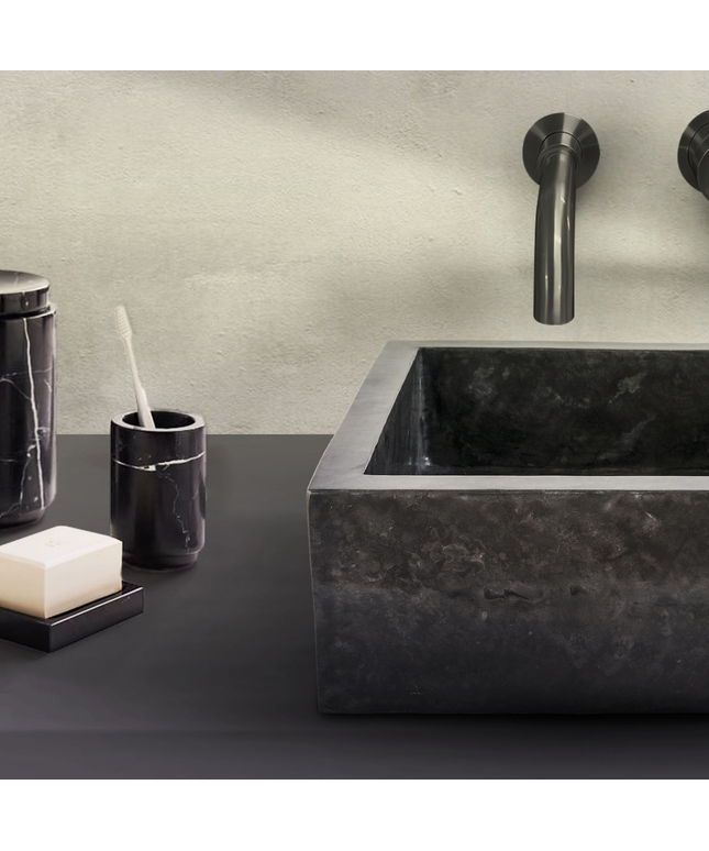 Vierkante Opbouw Waskom – Volledig Gepolijst – 40x40x15 cm – Zwart – Natuursteen