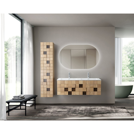 Wonda Round Slim wastafel – 120 cm – 1 wasbak – 2 kraangaten – kunstmarmer – mat wit