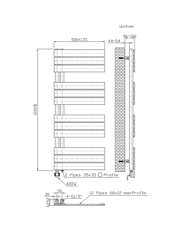 BELRAD Badkamer radiator elektrisch 1200x500mm - wit - Linksaansluiting/Combi - 593W