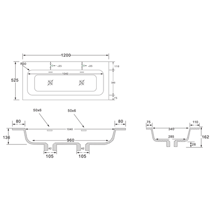 Wonda Round Slim wastafel – 120 cm – 1 wasbak – 2 kraangaten – kunstmarmer – mat wit