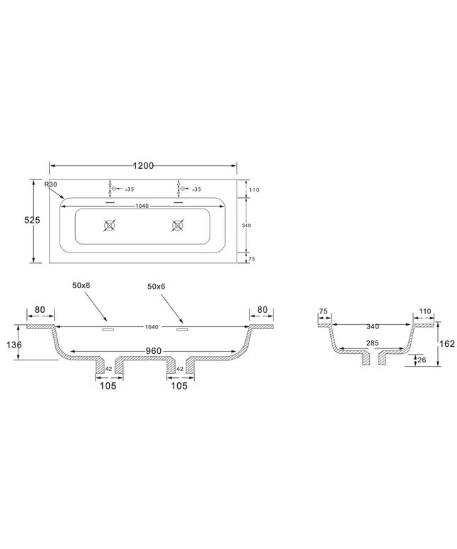 Wonda Round Slim wastafel – 120 cm – 1 wasbak – 2 kraangaten – kunstmarmer – mat wit