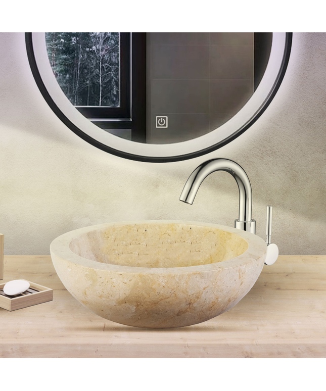 Volledig Gepolijste Waskom van Steen – Crème Marmer – 35x12 cm