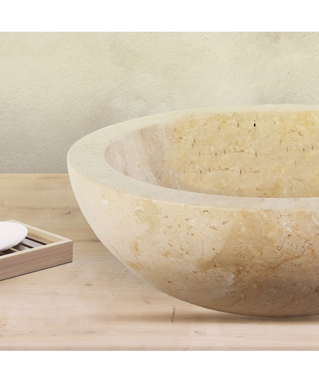 Volledig Gepolijste Waskom van Steen – Crème Marmer – 35x12 cm