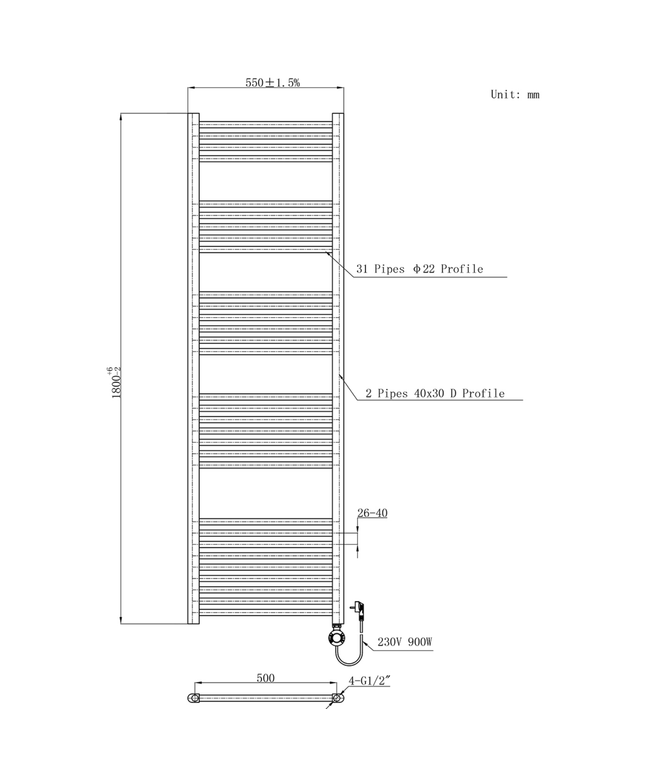 BELRAD Badkamer radiator elektrisch 1800x550mm - Wit - 900W - 220V