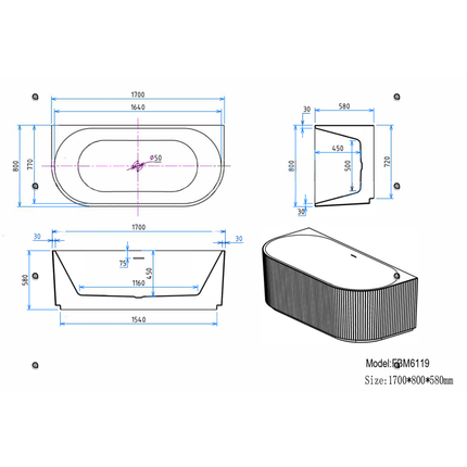 ALONI Muffly Halfvrijstaand Bad met Verticale Strepen – Mat Wit – 170x80x58 cm – Inclusief Afvoerset en Click Waste