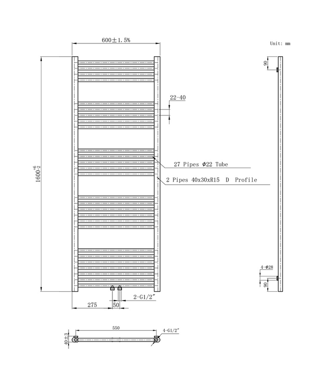 Belrad Bathroom Radiator 1800x500mm - Chrome - Middle connection - 575W