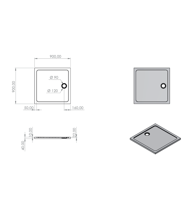 Bandeja de ducha acrílica Aloni Square - 90x90x4 cm