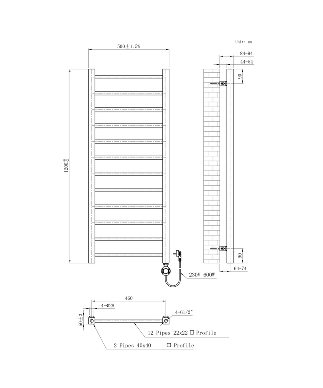 BELRAD Badkamer radiator elektrisch 1200x500mm - Mat zwart - 413W