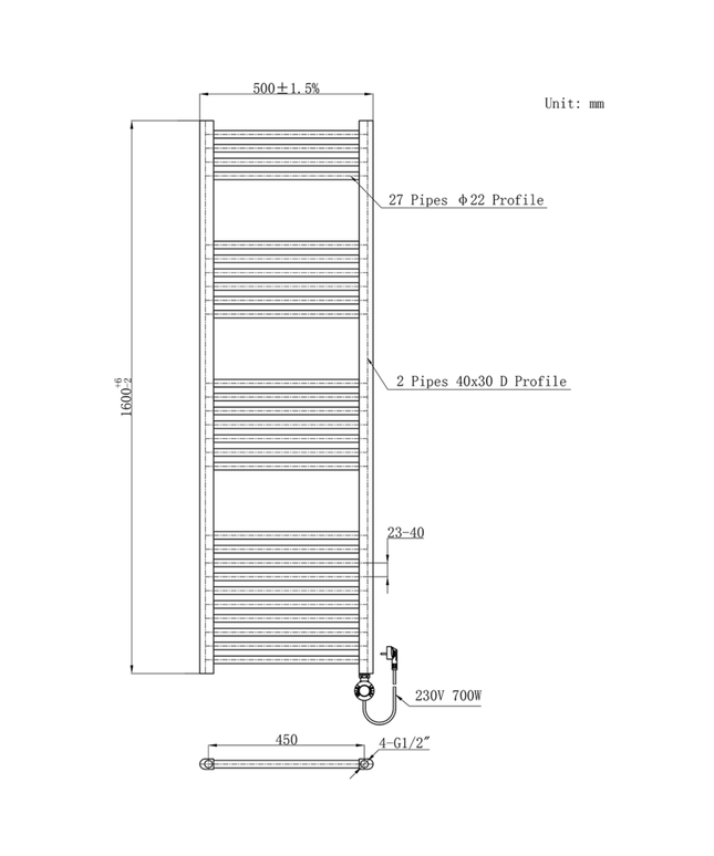 BELRAD Badkamer radiator elektrisch 1800x550mm - Mat zwart - 900W - 220V