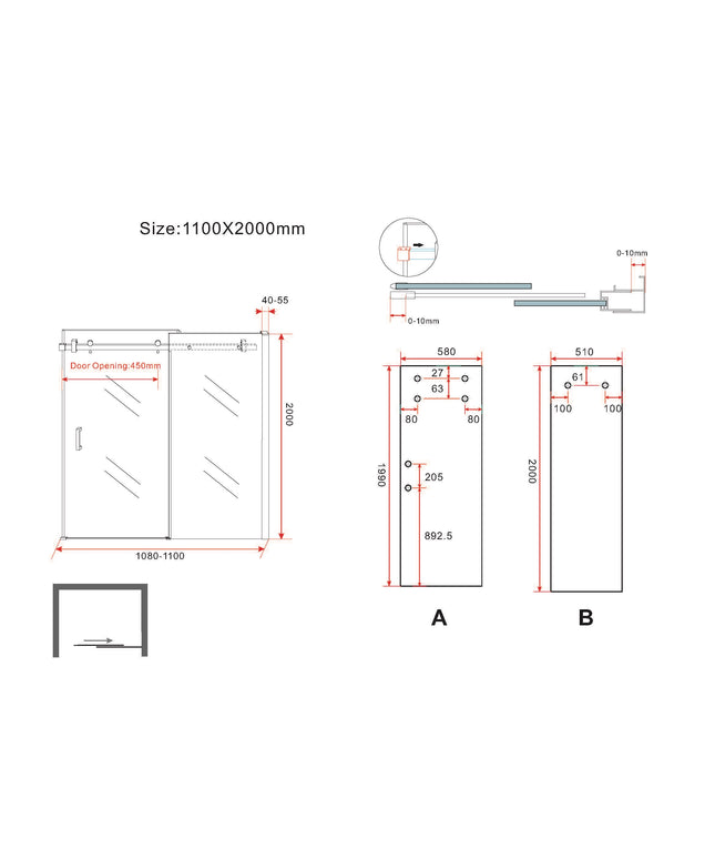 Wiesbaden Slide nis schuifdeur 110 x 200 cm chroom - technische tekening | Schwertz & Co