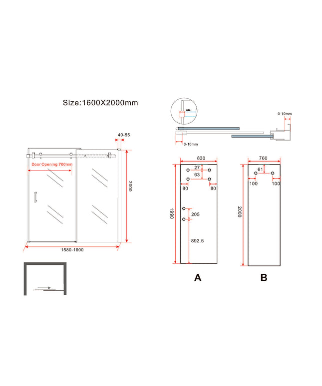 Wiesbaden Slide nis schuifdeur 160 cm chroom - technische tekening | Schwertz & Co