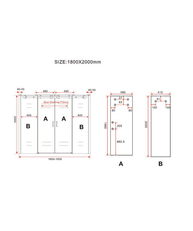 Wiesbaden Slide douchecabine dubbele schuifdeur 180 x 200 cm chroom - technische tekening | Schwertz & Co