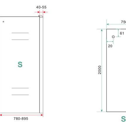 Wiesbaden Side zijwand voor nis schuifdeur 80 x 200 cm mat zwart - technische tekening | Schwertz & Co
