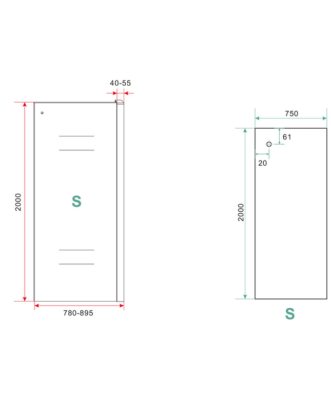 Wiesbaden Side zijwand voor nis schuifdeur 80 x 200 cm mat zwart - technische tekening | Schwertz & Co