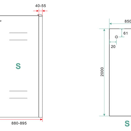 Wiesbaden Side zijwand nis schuifdeur 90 x 200 cm mat zwart - technische tekening | Schwertz & Co