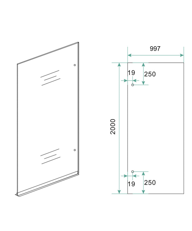 Wiesbaden Less inloopdouche rechts 100 x 200 cm geborsteld staal - technische tekening | Schwertz & Co