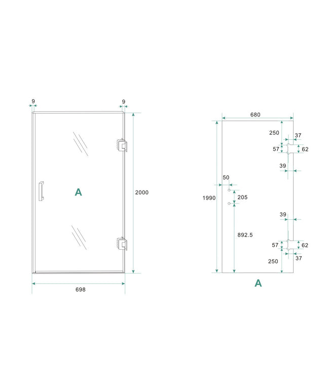 Wiesbaden Less nisdeur rechts 70 x 200 cm mat wit - technische tekening | Schwertz & Co