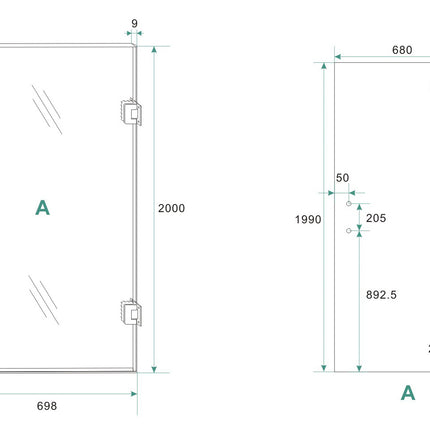 Wiesbaden Less nisdeur rechts 70 x 200 cm gunmetal - technische tekening | Schwertz & Co