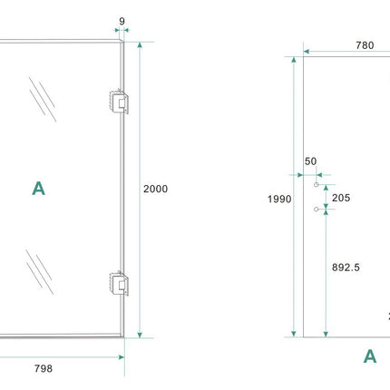 Wiesbaden Less nisdeur rechts 80 x 200 cm geborsteld staal - technische tekening | Schwertz & Co