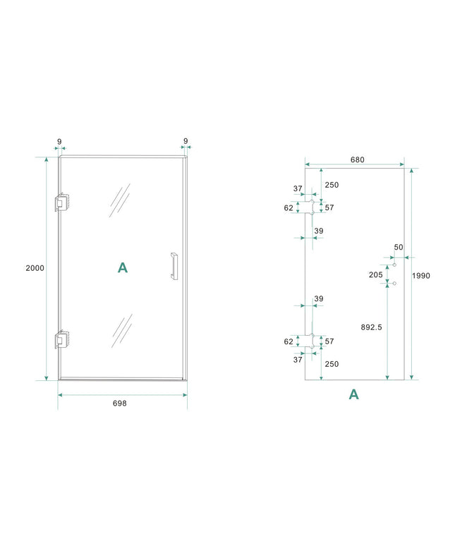 Wiesbaden Less nisdeur 70 x 200 cm vintage brons glas mat zwart - technische tekening | Schwertz & Co