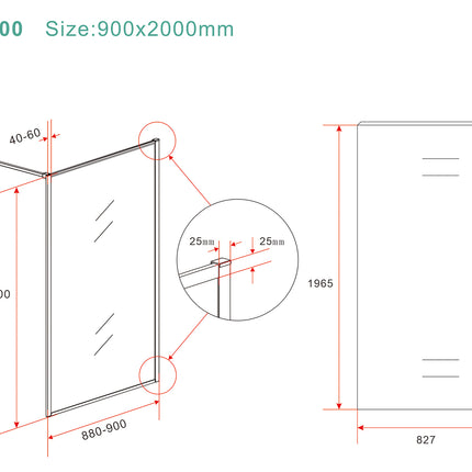 Wiesbaden Square inloopdouche 90 x 200 cm geborsteld messing - technische tekening | Schwertz & Co