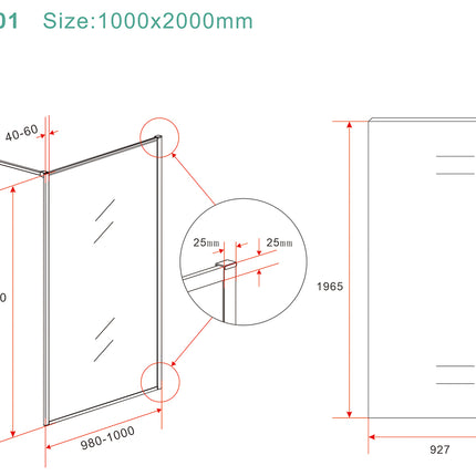Wiesbaden Square inloopdouche 100 x 200 cm messing - technische tekening | Schwertz & Co