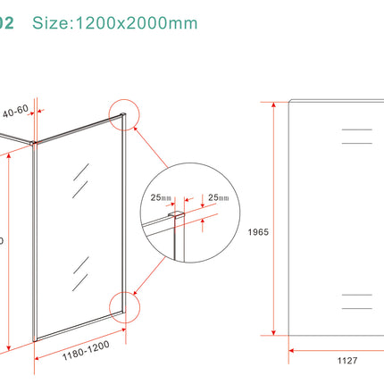 Wiesbaden Square inloopdouche 120 x 200 cm geborsteld messing - technische tekening | Schwertz & Co