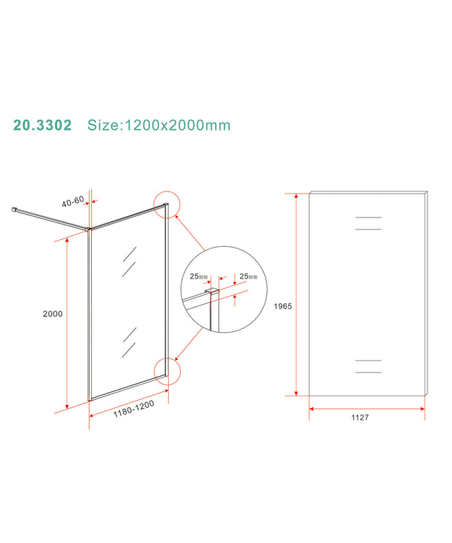 Wiesbaden Square inloopdouche 120 x 200 cm geborsteld messing - technische tekening | Schwertz & Co