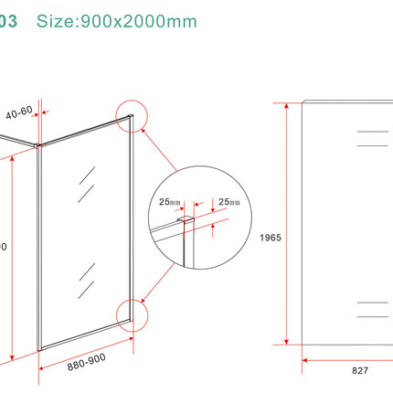 Wiesbaden Square inloopdouche 90 x 200 cm geborsteld brons koper - technische tekening | Schwertz & Co