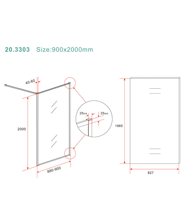 Wiesbaden Square inloopdouche 90 x 200 cm geborsteld brons koper - technische tekening | Schwertz & Co
