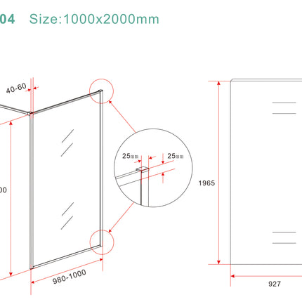 Wiesbaden Square inloopdouche 100 x 200 cm brons koper - technische tekening | Schwertz & Co