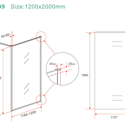 Wiesbaden Square inloopdouche 120 x 200 cm geborsteld brons koper - technische tekening | Schwertz & Co
