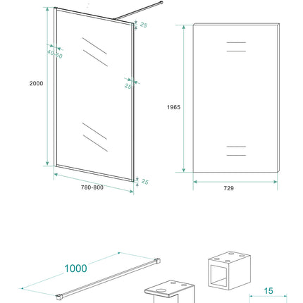 Wiesbaden Square inloopdouche 80 x 200 cm helder glas mat zwart - technische tekening | Schwertz & Co