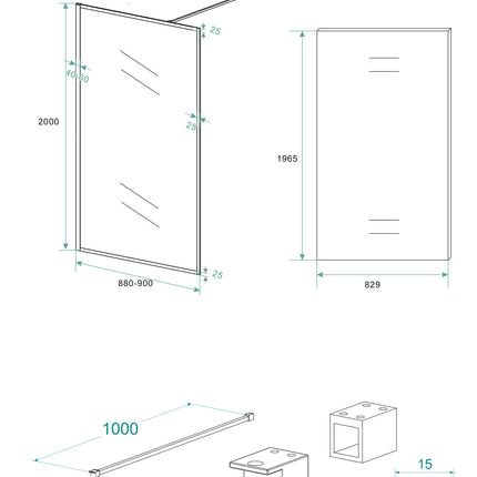Wiesbaden Square inloopdouche 90 cm helder glas mat zwart - technische tekening | Schwertz & Co