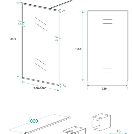 Wiesbaden Square inloopdouche 100 x 200 cm helder glas mat zwart - technische tekening | Schwertz & Co