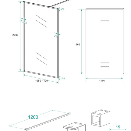 Wiesbaden Square inloopdouche 110 x 200 cm mat zwart - technische tekening | Schwertz & Co