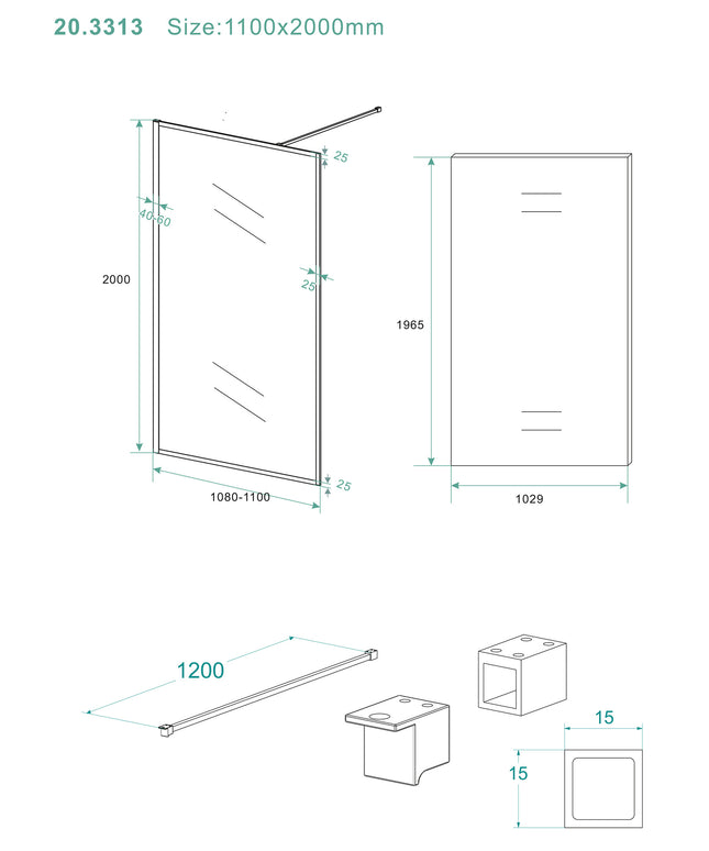 Wiesbaden Square inloopdouche 110 x 200 cm mat zwart - technische tekening | Schwertz & Co