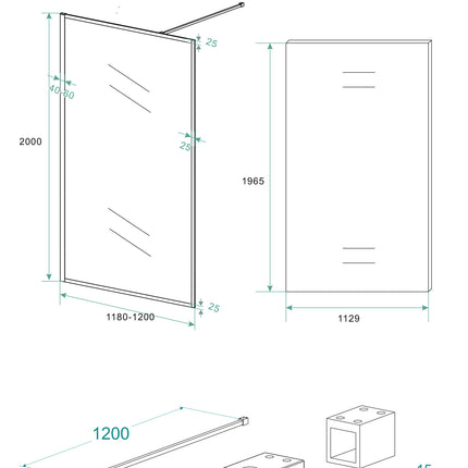 Wiesbaden Square inloopdouche 120 x 200 cm mat zwart - technische tekening | Schwertz & Co