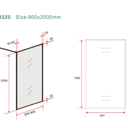 Wiesbaden Square inloopdouche geribbeld mat zwart - technische tekening | Schwertz & Co
