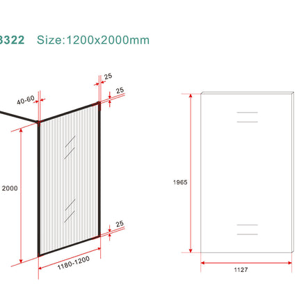 Wiesbaden Square inloopdouche geribbeld glas mat zwart - technische tekening | Schwertz & Co