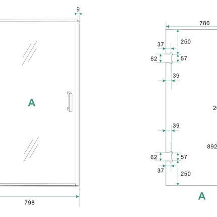 Wiesbaden Less nisdeur 80 x 200 cm helder glas geborsteld messing - technische tekening | Schwertz & Co