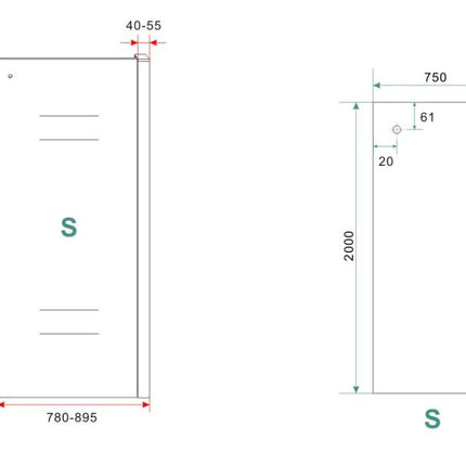 Wiesbaden Sita inloopdouche handdoekhouder 80 x 200 cm chroom - technische tekening | Schwertz & Co