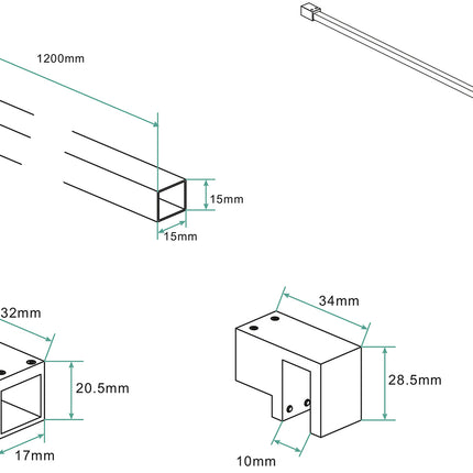 Wiesbaden Slim stabilisatiestang 120 cm geborsteld brons koper - technische tekening | Schwertz & Co