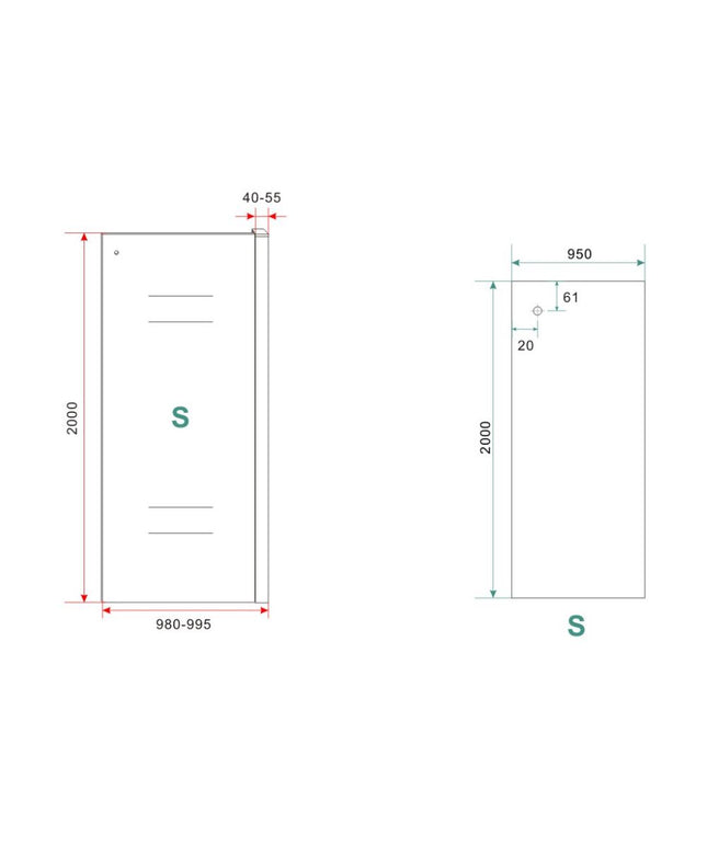 Wiesbaden Sita inloopdouche met handdoekhouder 100 x 200 cm chroom - technische tekening | Schwertz & Co